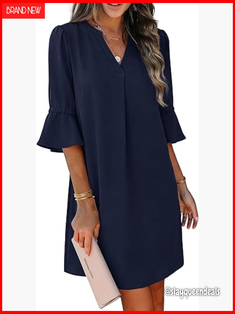 V Neck Ruffle Sleeve Shift Dress Loose Fit Summer Office Work Casual
